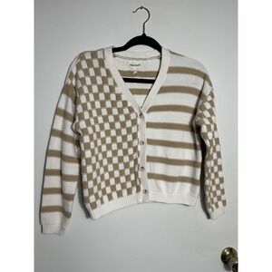 Hello Franki Youth XL 14 Cardigan Sweater Tan White Checkerboard Stripe